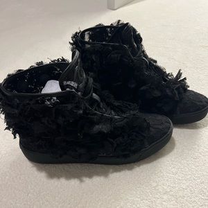 Chanel black lace Camellia high top sneakers